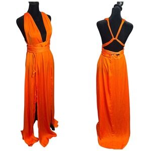 Hello Molly Thigh High Split Maxi Dress Womens 8 Orange Plunging Neckline